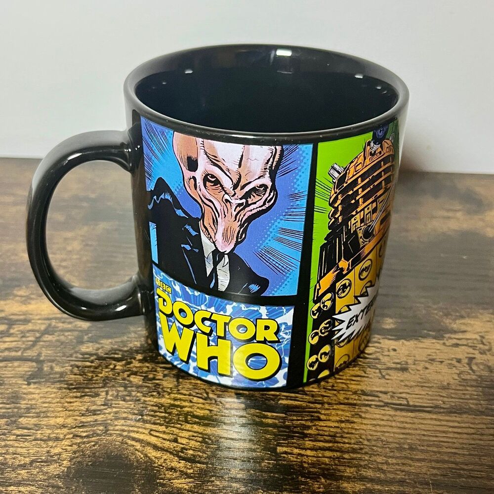 DOCTOR WHO 2012 BBC Licensed Black Coffee Mug Comic Strip Vandor LLC
